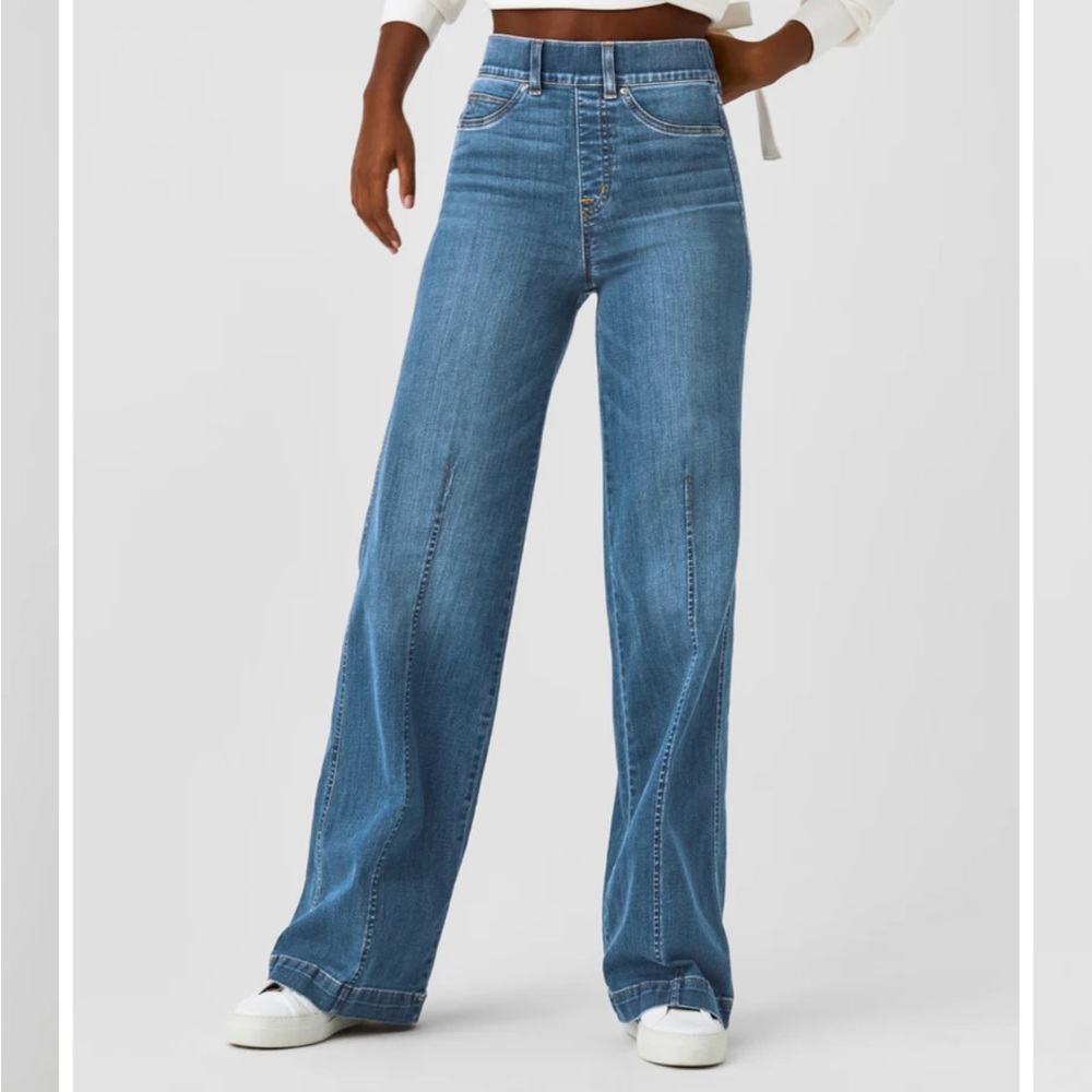 Spanx High Rise Pull On Seamed Front Wide Leg Jeans Large Petite